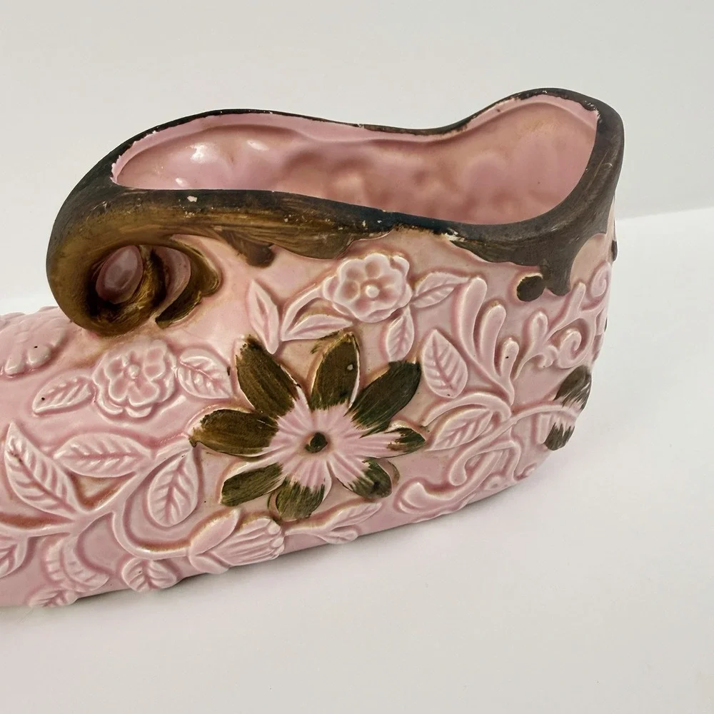 Vintage UCAGCO Pink Cornucopia Vase Planter Embossed Floral‎ Mid Century Japan